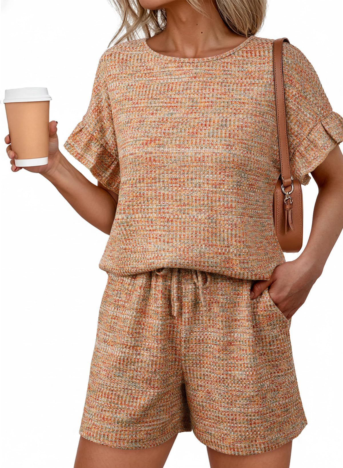 Summer Crew Neck Pullover Ruffle Sleeve Drawstring Pocket Shorts Set