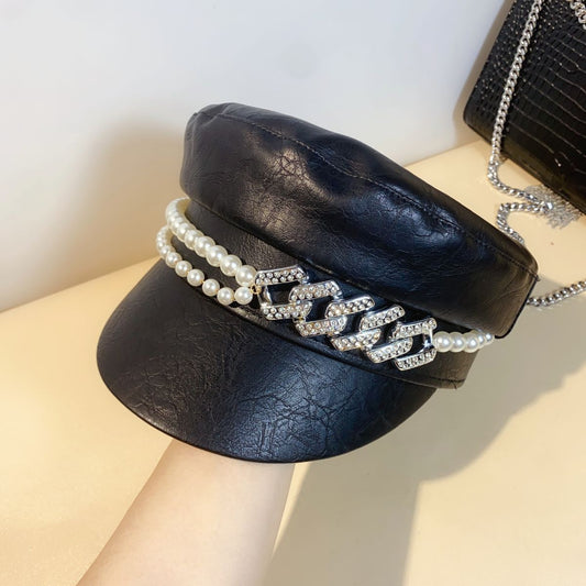Rhinestone Flat Top Newsboy Cap Women's Korean-style All-match