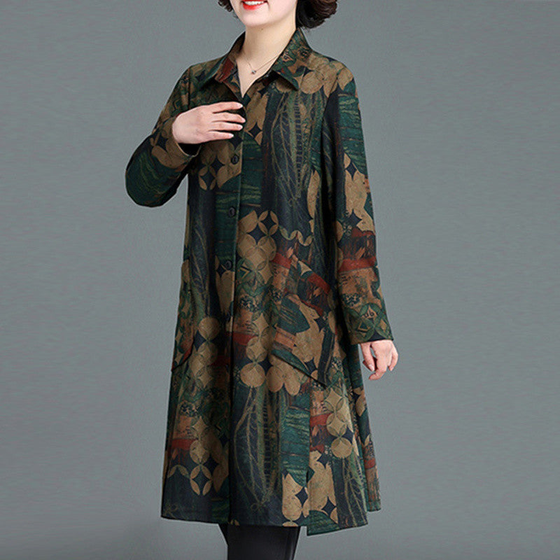 Plus Size Women's Clothing Spring And Autumn Floral Print Trench Coat