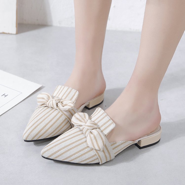Lazy Half Slippers Fashion Striped Bowknot Pointed Toe Low Heel Square Heel Half Sandals