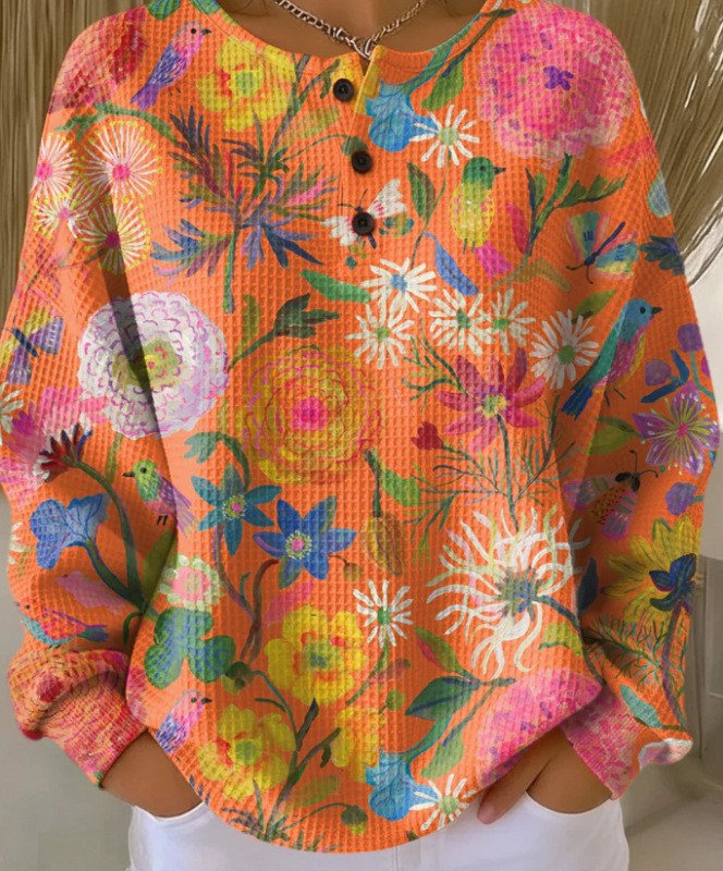 Retro 3D Digital Print Three-button Stand Collar Top