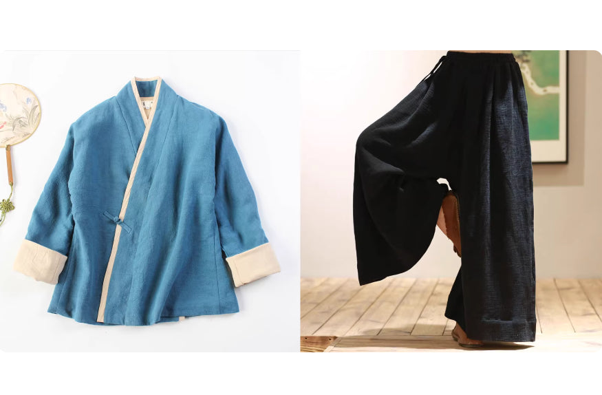 Lapel-button Tang-style Cotton-linen Modified Hanfu Tea-wearing Outfit Womens Zen Meditation Attire