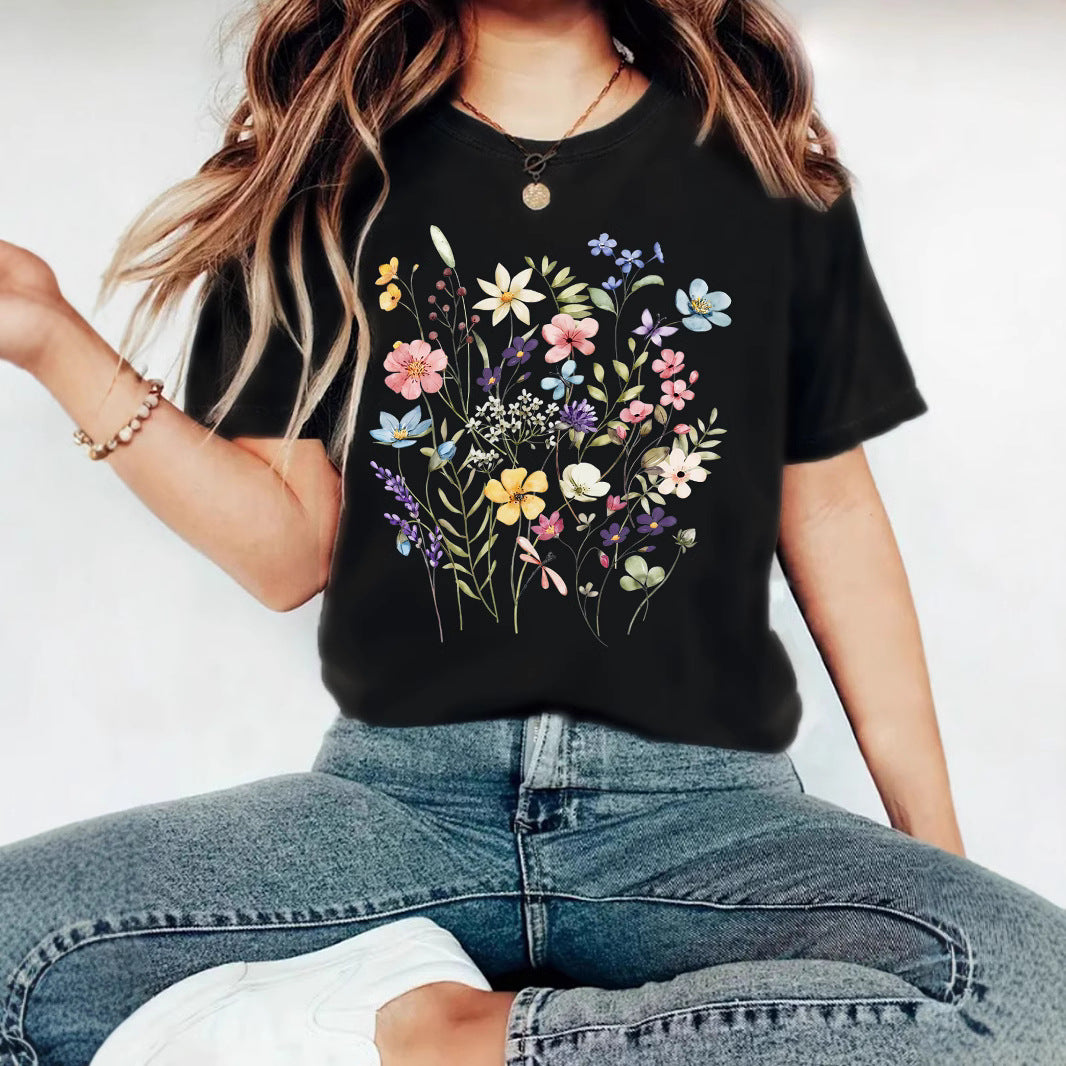 Elegant T-shirt With Floral Print, Women's Short-sleeve