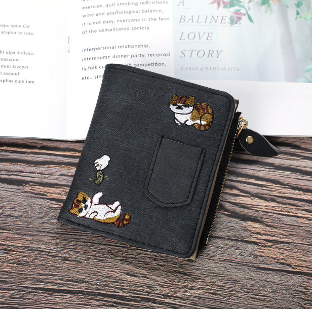 Jeans Style Wallet Cat Embroidered Canvas Large-capacity Wallet