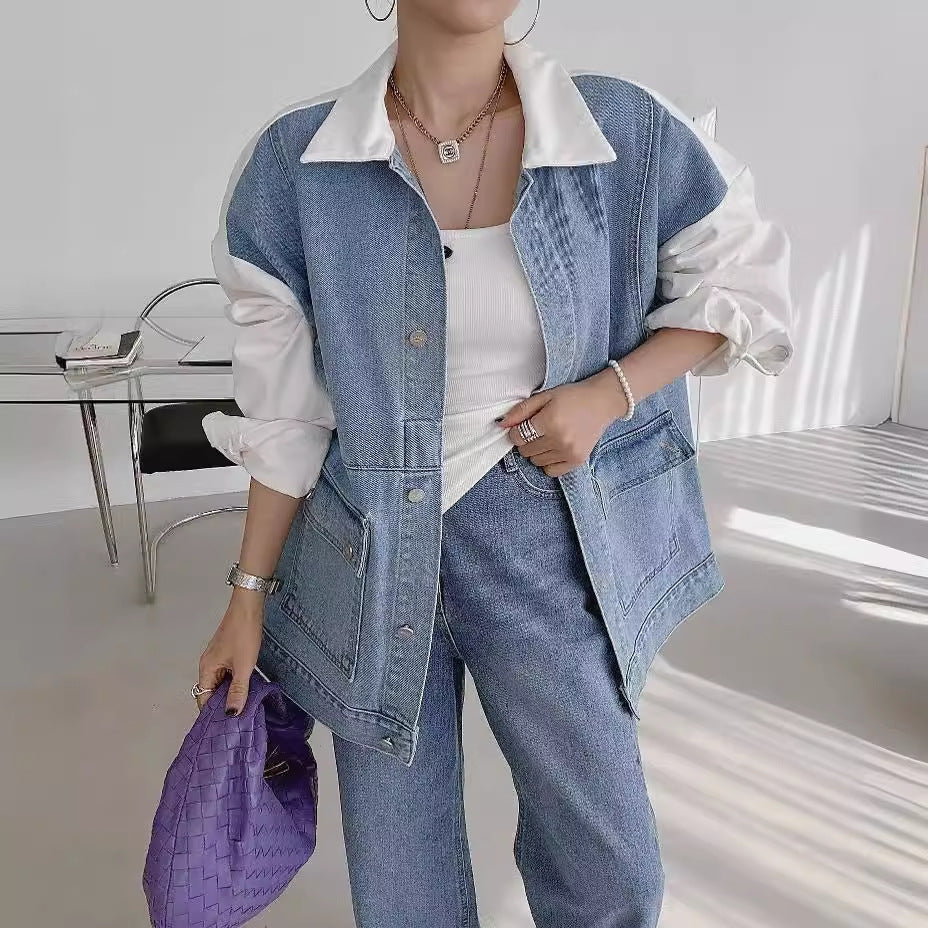 All-matching Fashion Color Contrast Stitching Denim Baggy Coat Women