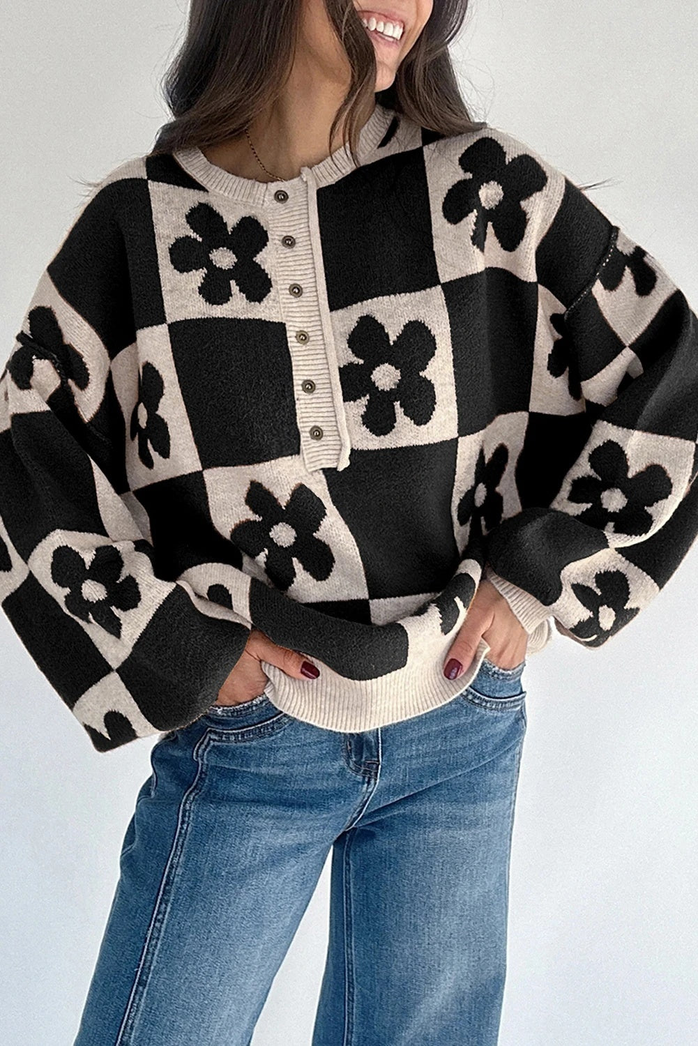 Black Henry Plaid Collar Loose Sweater