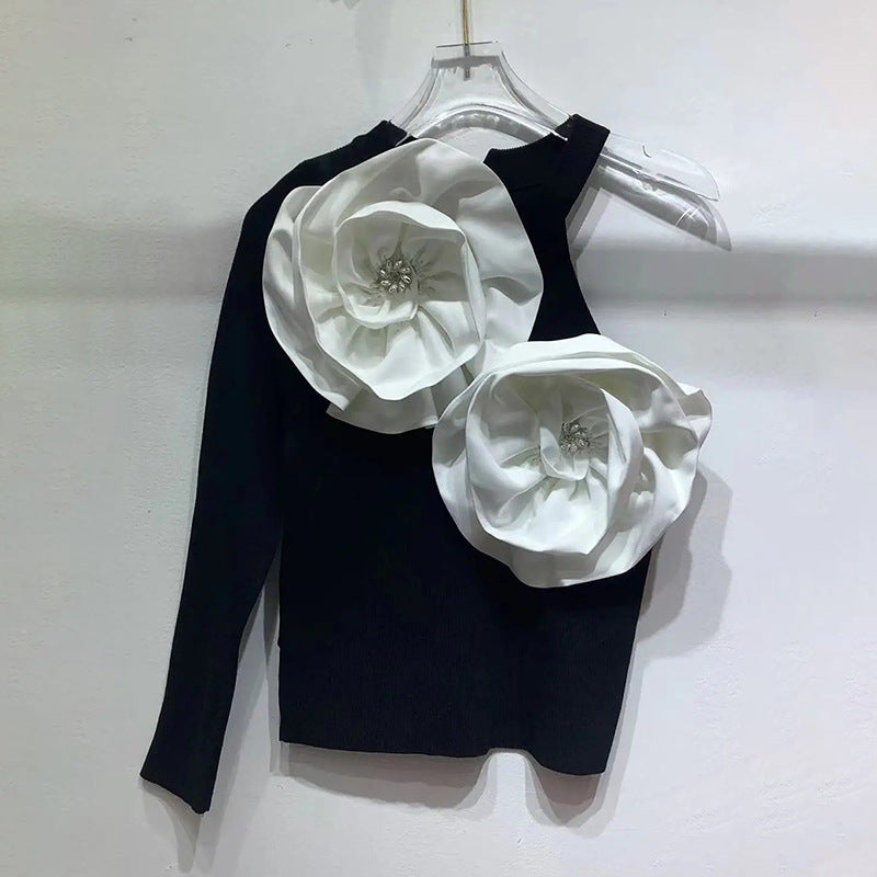 High-end Design Stitching Flowers Slim-fit Knitted Top
