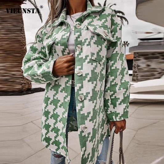 Loose-fitting Long Sleeves Houndstooth Woolen Coat
