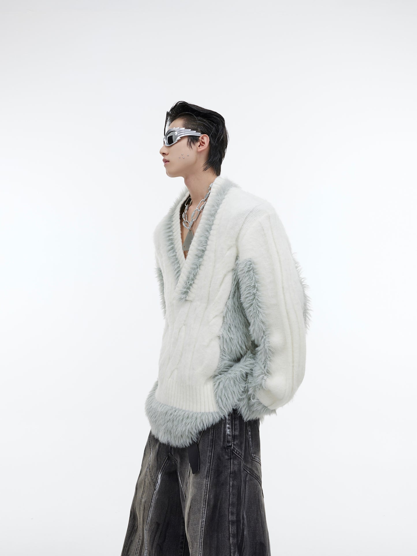 Men's Niche Plush Patchwork Knit Sweater Loose Sweater