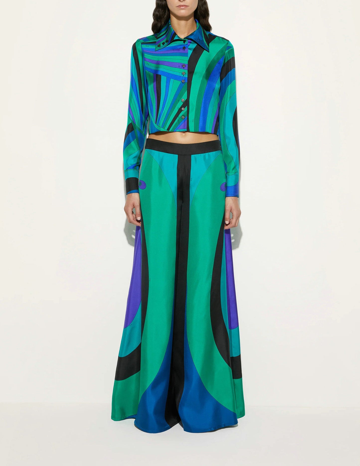 Printed Satin Long Sleeve Shirt And Wide-leg Pants Two-piece Set