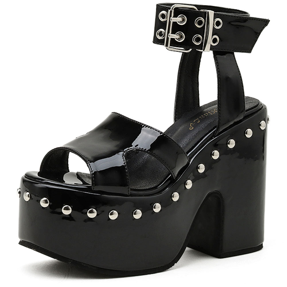 Block-heel Platform Patent Leather Rivet Fish Mouth Sandals
