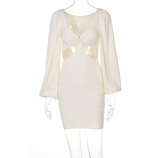 Women's Solid Color Hanging Ring Lantern Sleeve Dress