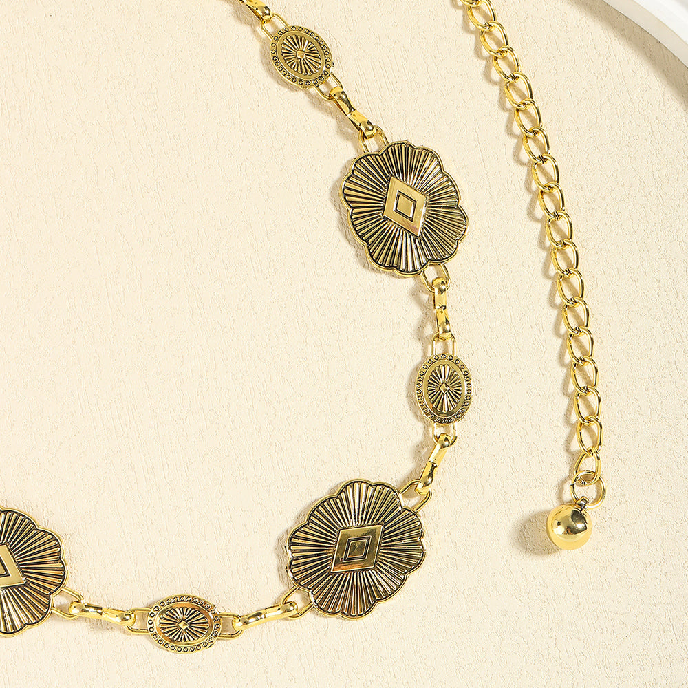 Vintage Ethnic Style Metal Waist Chain Do Old Craft Carved Body Chain Elegant Temperament Ladies Accessories