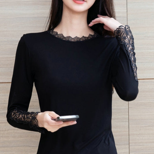 Womens Low-neckline Lace Black Top Thin Long-sleeve Design