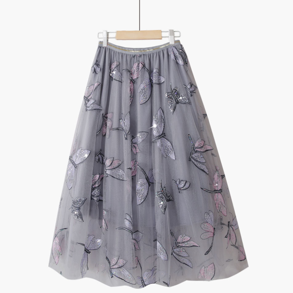 Golden Silk High Waist Sweet Slim Retro Lace Dragonfly Sequin Embroidery Mid Length Skirt