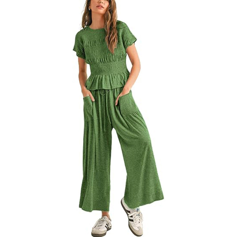 European And American Womens Fashion Elastic-waist Pleated High-waist Wide-leg Pants