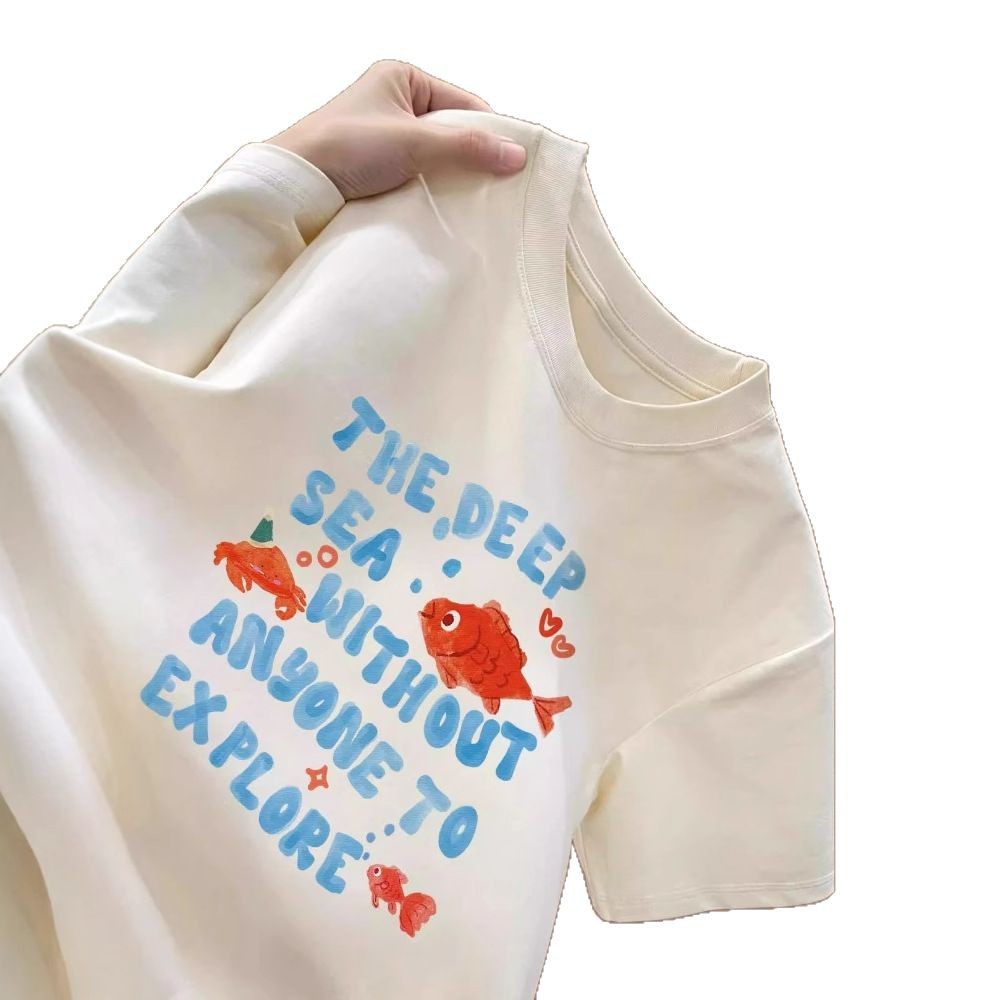 Cute Goldfish Printed Short Sleeve White Cotton T-shirt