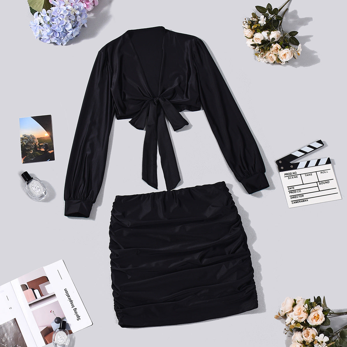 Feminine Long-sleeve Top And Sheath Skirt Short Skirt Two-piece Set