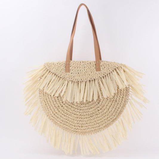 New Semi-circular Tassel Straw Shoulder Bag With Tassels And Paper Trim