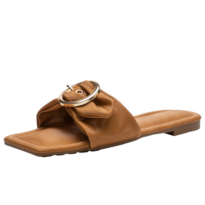 Korean Style Fashion Belt Buckle Flat Heel Women's Shoes Solid Color Square Toe Sandals
