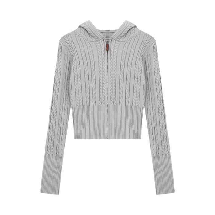 Soft Textured Knitted Hoodie With A Lazy Korean-style Zip-up Design