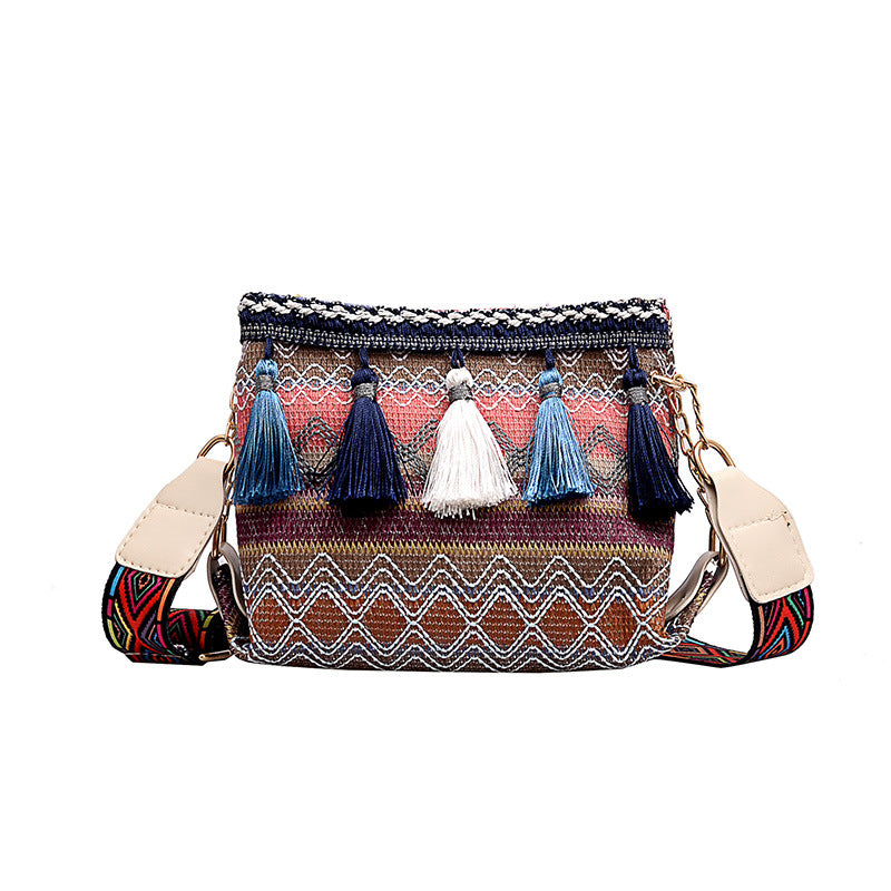 Ethnic Wide Shoulder Strap Fringed Crossbody Bag