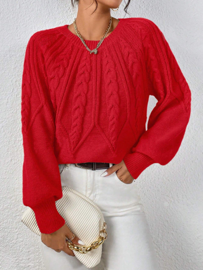 Round Neck Knitted Sweater Female Twist Thread Solid Color Versatile Casual Top