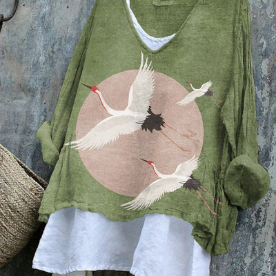 Farm Dairy Cow Print Linen Long-sleeve Top