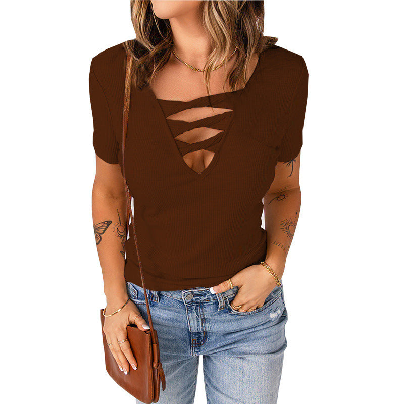 Summer New European And American Women's Clothing Large Size V-neck Pullover Solid Color Slim Short Sleeves