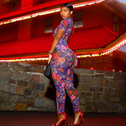 Backless Fashion Printed See-through Mesh Jumpsuit For Women