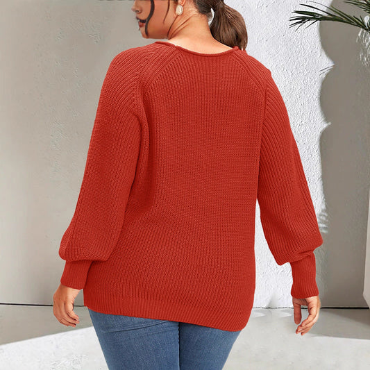 Autumn And Winter New Plus Size Loose Knitted V-neck Solid Color Pullover Sweater