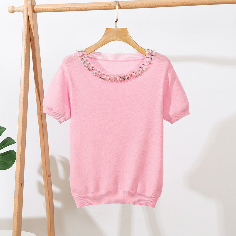 New Solid Color Beaded Short Sleeve Loose Round Neck Pullover Top