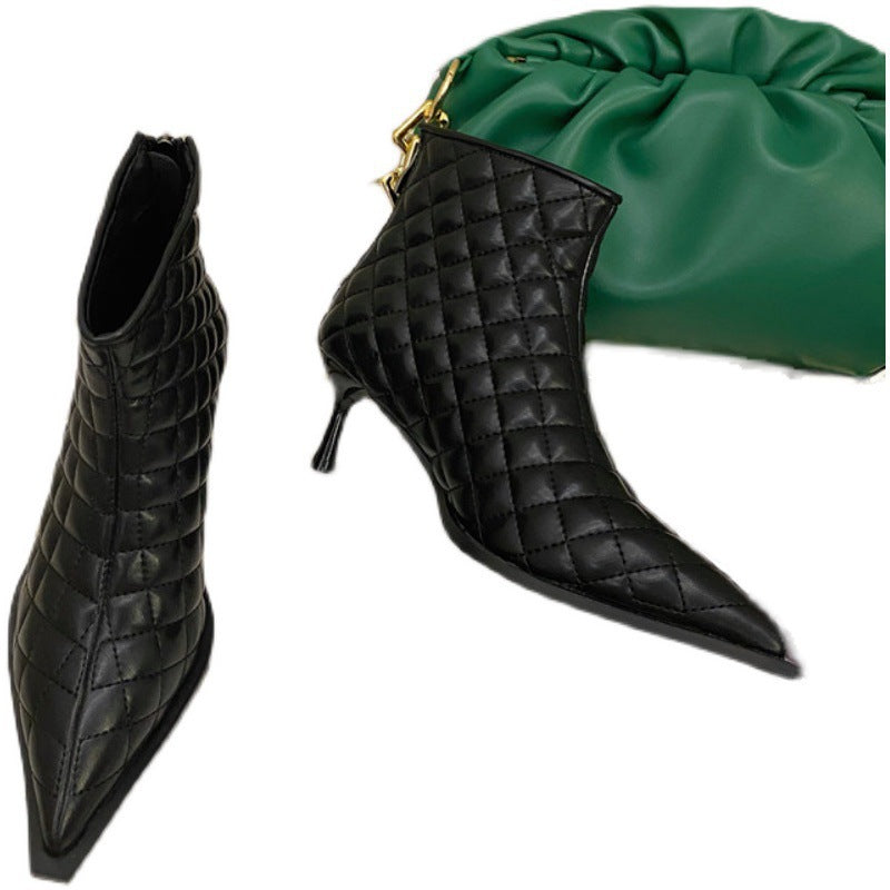 Plaid Stiletto Heel High Heeled Fashion Ankle Boots With Pointed Back Zipper