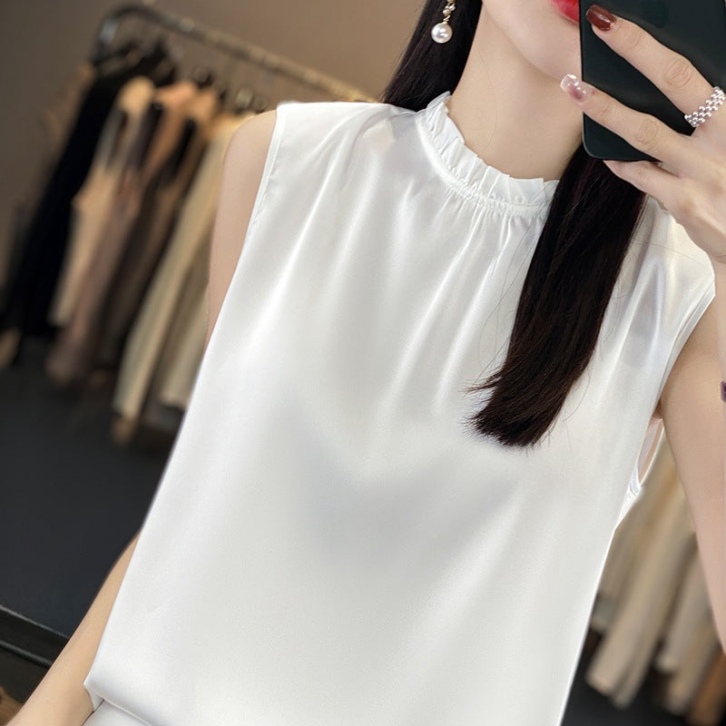 Dame forårs- og sommer-top i ensfarvet løst tyndt satin-stof med vest-snit