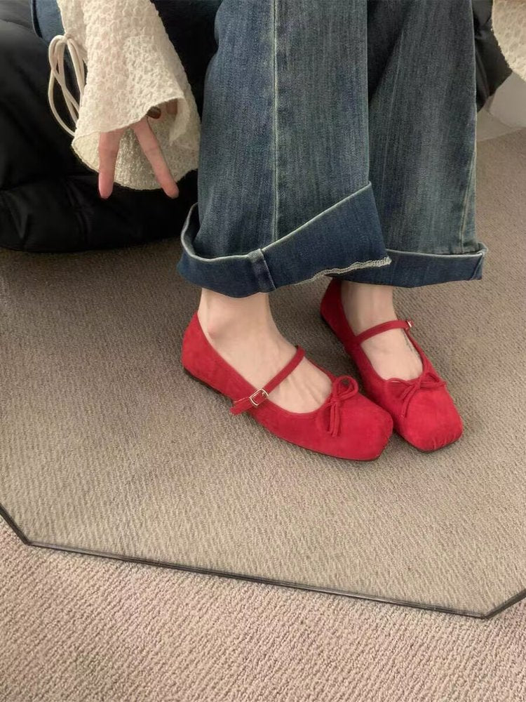 Women's 2026 New Spring & Autumn French Fairycore Suede Square-Toe Bow Mary Jane Flats For Office & Daily Wear