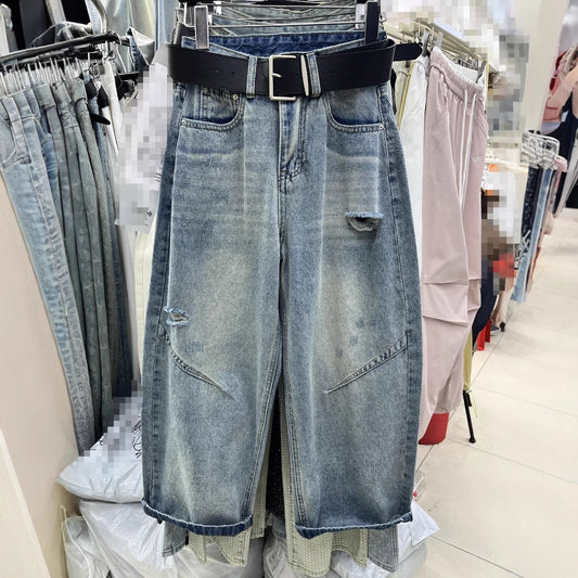 Cropped Straight High Waist Slimming Holes Wide-leg Pants