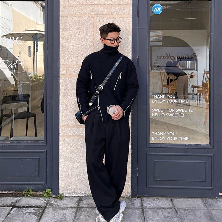 Mænds Vinter Ensfarvet Revers Højhalset Sweater
