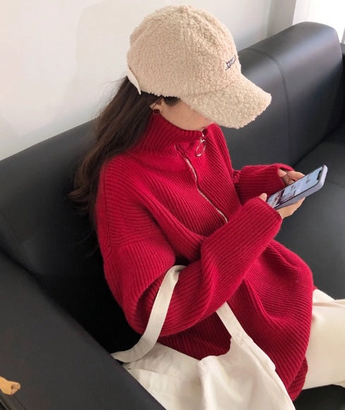 Løs fransk stil stor revers lynlås sweater til kvinder