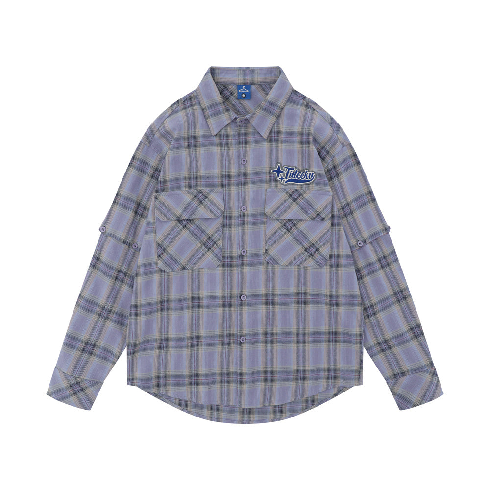 Plaid Long Sleeve Shirt Men's Sleeve Detachable Two-way Wear
