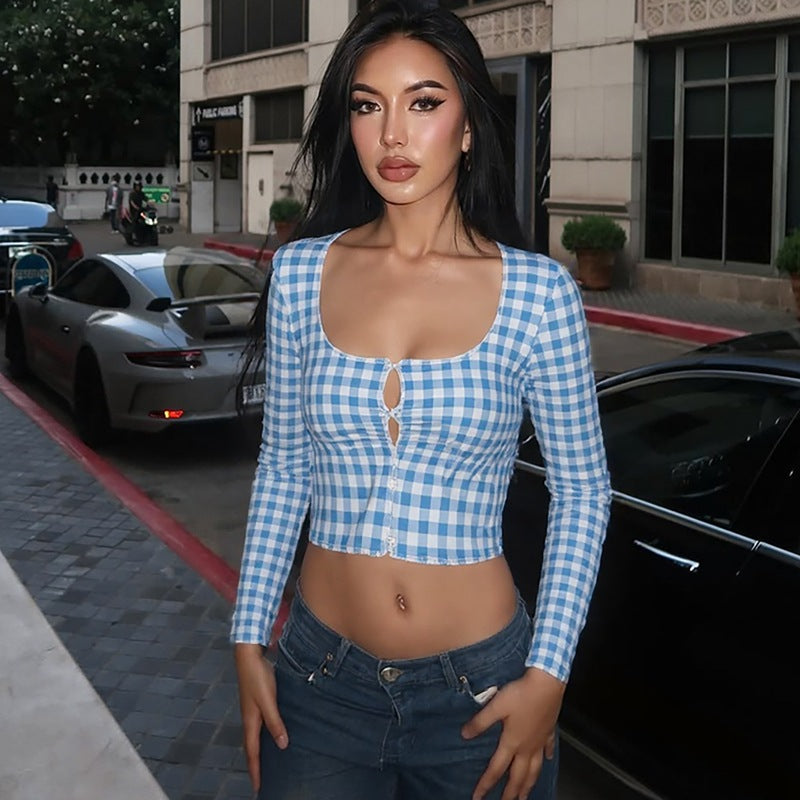 Plaid Printed Cardigan Breasted Slim Long Sleeve Top