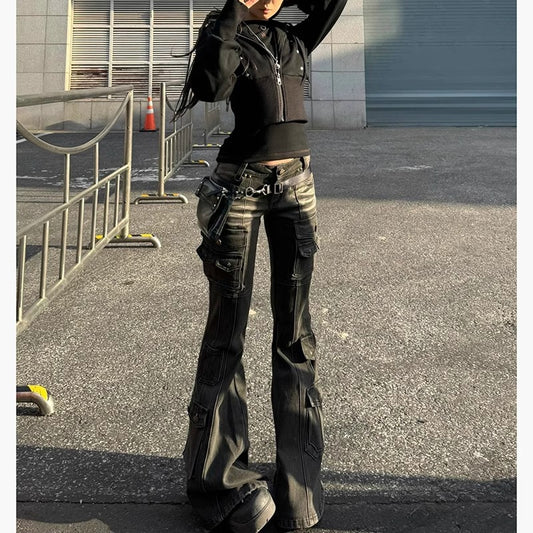 American Retro Multi-pocket Low-waist Slightly Flared Pants