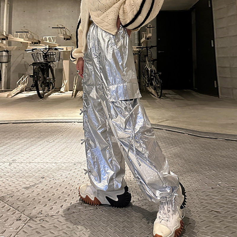 Bow Pocket Patchwork Overalls Straight-leg Trousers