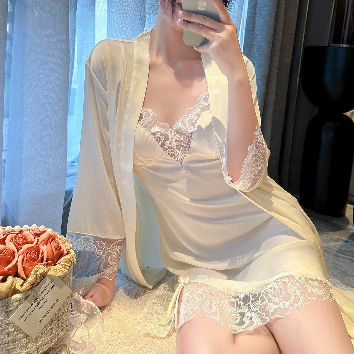 Lady Sexy Suspenders Ice Silk Pajamas Two-piece Set