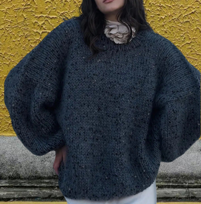 European And American Loose Round Neck Fashion Sequined Mohair Sweater Lantern Sleeve