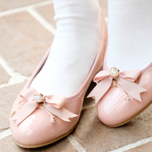 Lovely Pearl Bow Bright Leather Round Toe Flat Shoes
