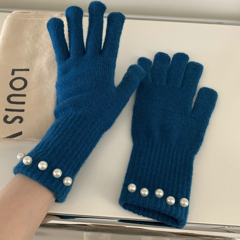 Solid Color Knitted Pearl Warm Knitted Gloves