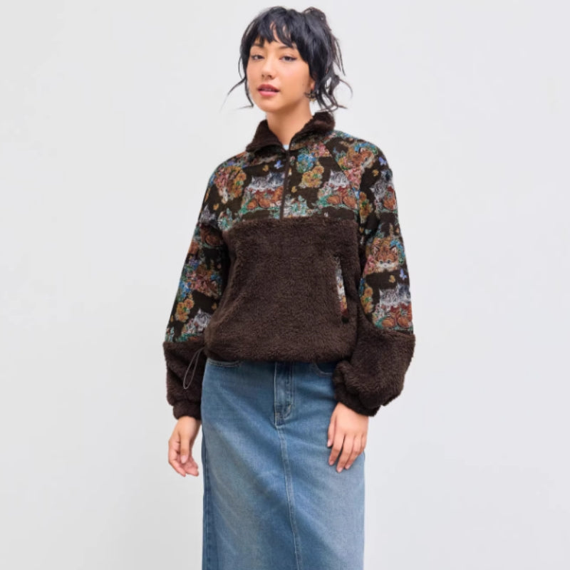 Women's Turn-down Collar Floral Cat Tie Hoodie