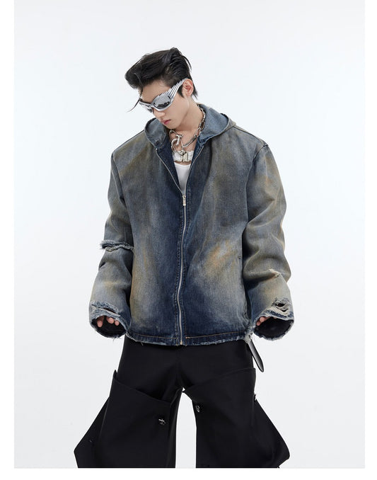 Design Sense Padded Shoulder Heavy Retro Distressed Hooded Denim Jacket
