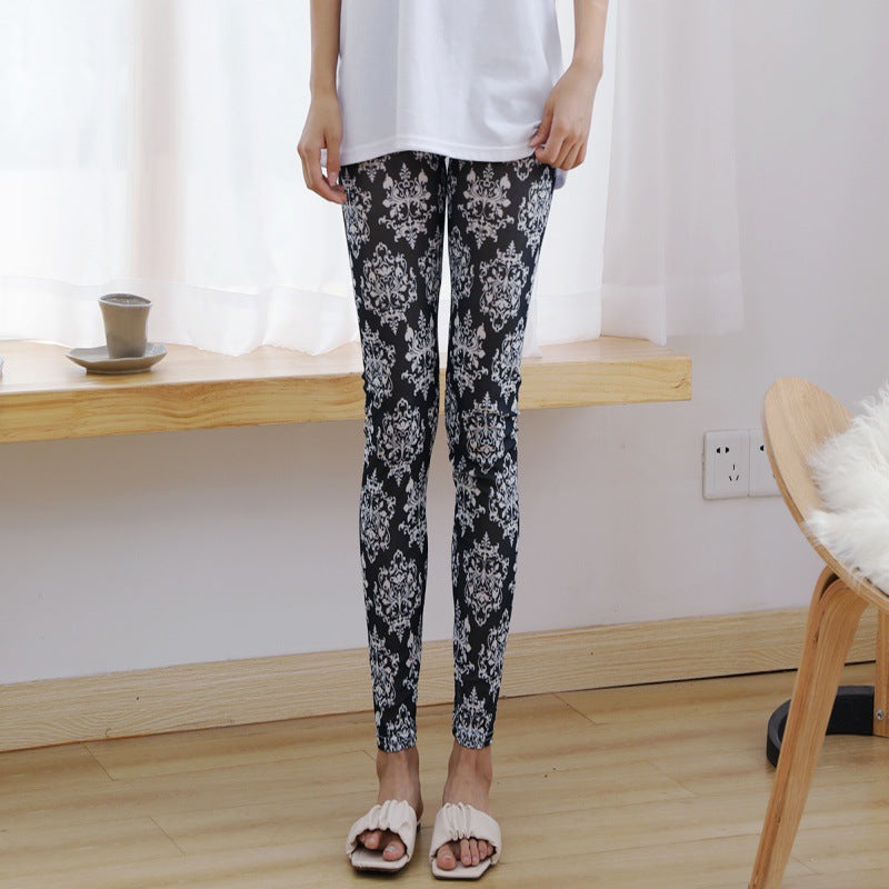 New Sexy Women's Pants Summer Mesh Leggings Elastic Ultra-thin Transparent Skinny Pants Striped Flowers