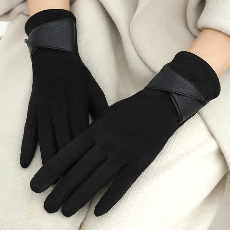 Damehandsker med fleecefor, varme og elegante med sløjfe